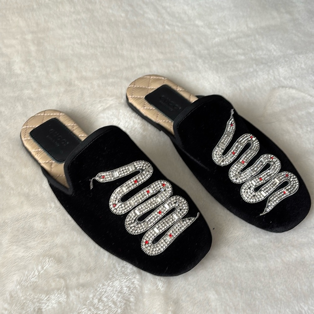 Gucci Crystal Velvet Snake Slippers